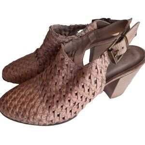 Sundance Leather Basket Woven Mules Tan US 8.5 - EUR Size 39 Clogs Block Heel